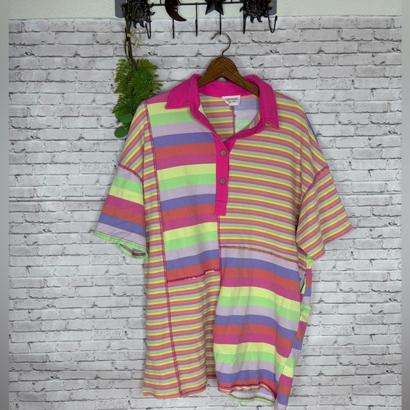 Fantastic Fawn Bright Pink Striped Patchwork Mini Shirt Dress - Picture 1 of 6